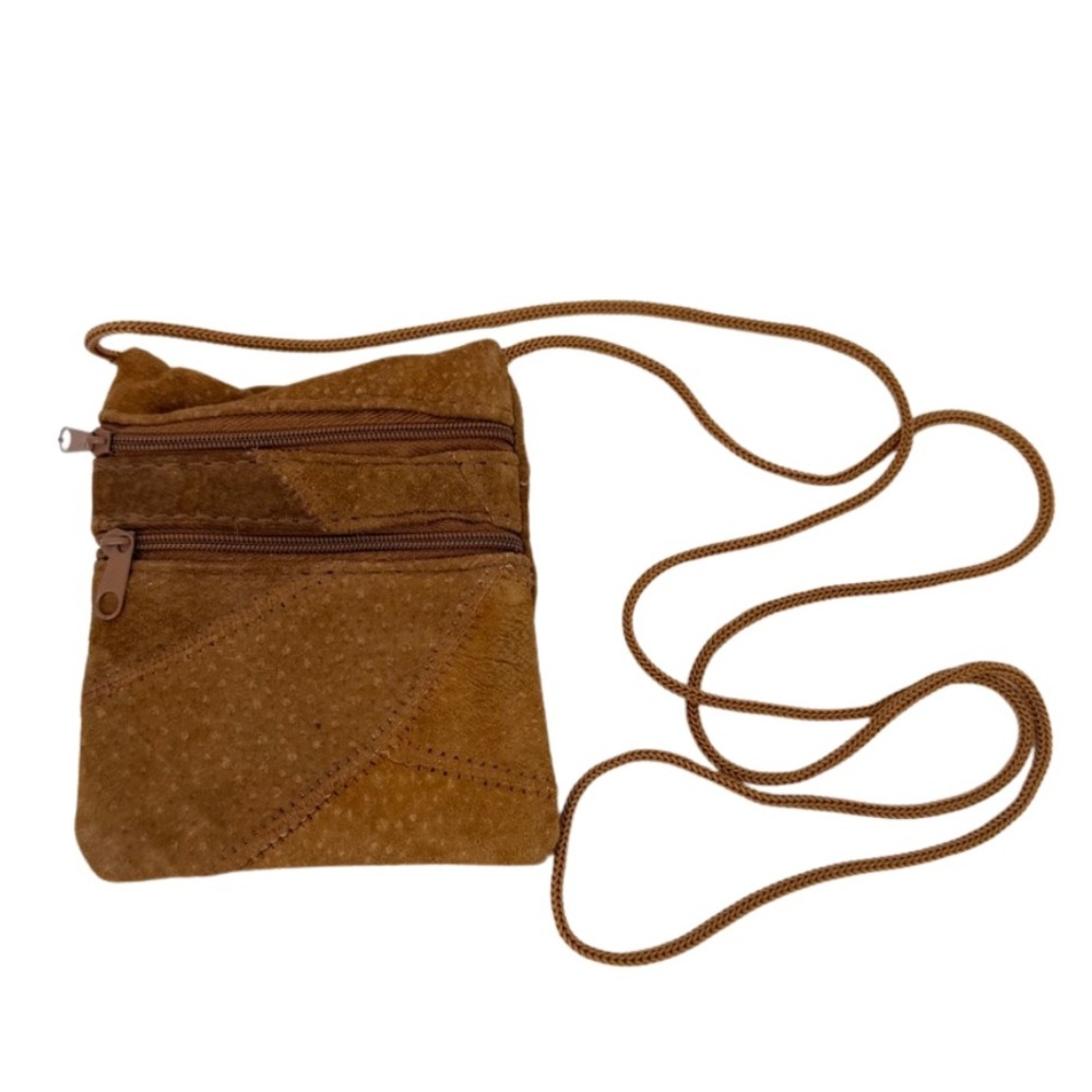 100% Suede Leather Crossbody Bag Patchwork Look Brown Mini Boho Festival Purse